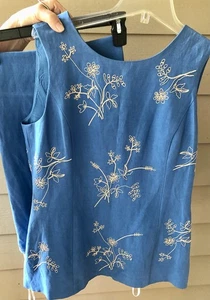 NWT VTG Talbots Turquoise Silk and Linen Embroidered Pant Suit Size 10 Petite - Picture 1 of 11