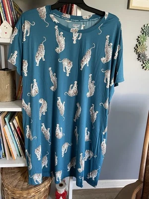 NUEVO CON ETIQUETAS Joyspun Teal Snow Tiger Camisa para Dormir Camisón Estampado Animal Gato Bolsillo 2X-3X Foto 1 de 4