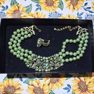 HEIDI DAUS "FANTASY IN FLIGHT" DRAGONFLY CRYSTAL & PEARL NECKLACE & EARRING SET - Picture 1 of 8