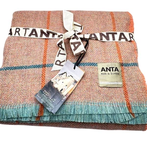 100% Merino Wool ANTA Plaid Throw Blanket 50"x60" Heather Orange Teal Peach NWT - Picture 1 of 9