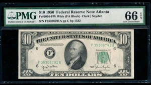 AC 1950 $10 Atlanta FRN PMG 66 EPQ WIDE F-A block Fr 2010-F - Picture 1 of 2