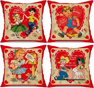 Aoke Vintage Valentinstag Kissenbezüge 18x18 Zoll 4er Set Liebe Herz Rot  - Bild 1 von 8