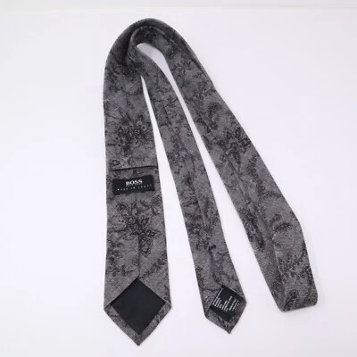 Gravata HUGO BOSS mistura de linho algodão masculina cinza magra fina paisley Itália 63" de comprimento - Imagem 1 de 4