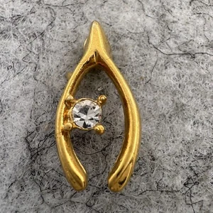 Vintage Wishbone Brooch Lapel Pin Rhinestone Gold Tone Fashion Costume Jewelry - Picture 1 of 3