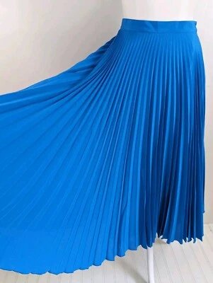 Vintage French Blue Pleated Skirt Silky Polyester Midi Modest Feminine 28" Waist - Image 1 of 4