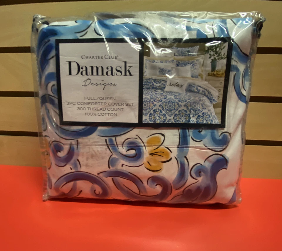 Juego de 3 fundas de edredón Charter Club Damask Designs completo/queen azul @ Foto 1 de 3
