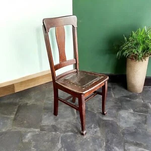 Antique Oak & Leather Chair-Studs-T Back Side Chair-Desk-Arts & Crafts-Office - Picture 1 of 8