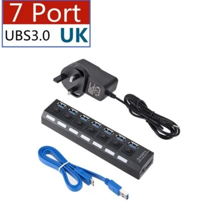 High Speed 7 Ports USB 3.0 HUB Power Splitter Extender Cable with UK Adapter UK - Image 1 of 4