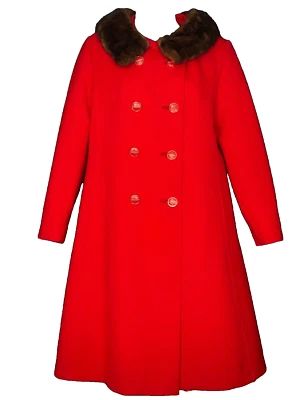 Vintage 1950s red wool jacket, brown genuine fur collar coat, pin up formal XS S - Image 1 of 4