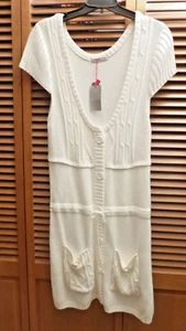 NWT White Knit JUMPER Spain DRESS Button FRONT Pockets BOW Tie SOFT Pretty! - Picture 1 of 7