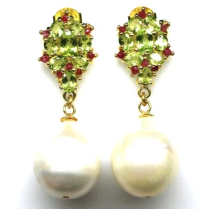 925 Sterling Silver White Baroque Pearl, Peridot & Ruby Earrings Christmas - Picture 1 of 4