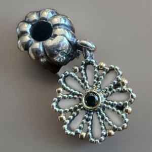Pandora  Sterling Silver & 14k YellowGold Lace Flower Dangle Clip - Picture 1 of 9