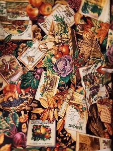 SHARON KESSLER FABRIC CONCORD VINTAGE FALL HARVEST FARM MUSHROOMS LABELS 2 YARDS - Picture 1 of 16