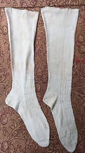 ANTIQUE MID 19TH C HAND KNIT LINEN STOCKINGS W OPEN WORK DETAIL
