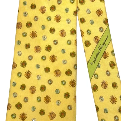 Salvatore Ferragamo Made in Italy 100% Silk Necktie Flowers on Yellow Gold B2 - Image 1 of 4