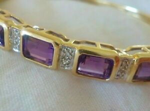 14K Yellow Gold Plated Sliver 4Ct Emerald Cut Simulated Amethyst Women's Bangle