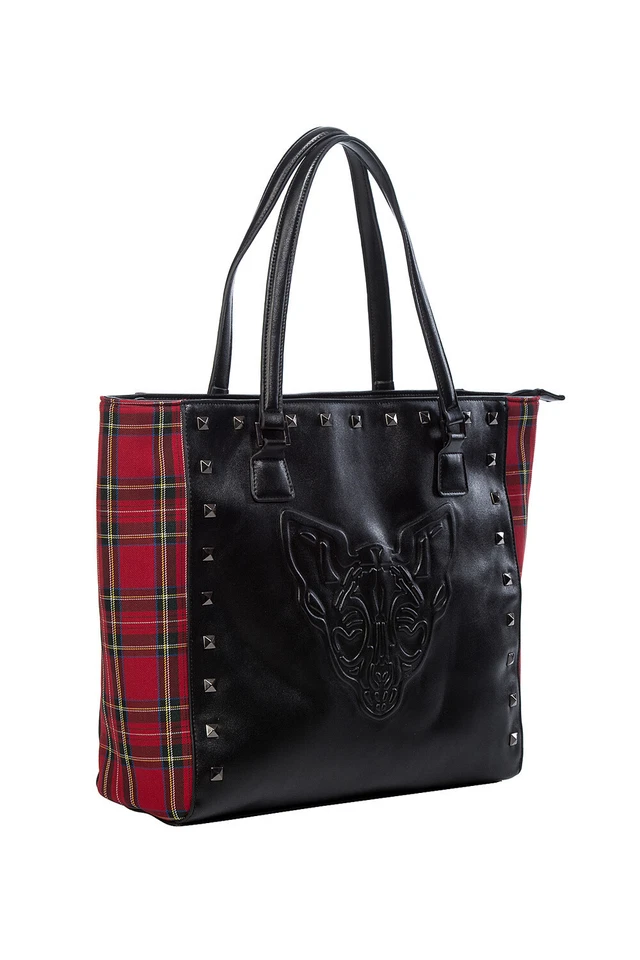BANNED Apparel Red Tartan Gothic Embossed Sphynx Cat Phantom Form Tote Bag  - Image 1 of 3