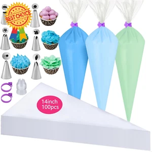 100 Pcs Disposable 14" Piping Bags with 2 Ties, 1 Coupler & 6 Nozzles - Picture 1 of 12