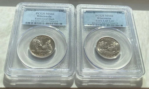 2004-D WISCONSIN EXTRA HIGH & EXTRA LOW LEAF STATEHOOD 25c ERROR SET PCGS MS 66 Cover