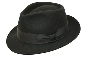 Gents 100% Wool Hand Made Black Manhattan Felt Fedora Trilby Hat With Wide Band - Picture 1 of 1