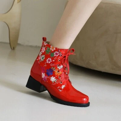 Mujer 2021 Moda Patente Floral Tacón Medio Con Cordones Combate Botines Zapatos SUNS Foto 1 de 4