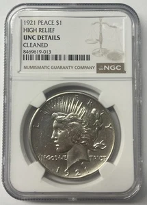 1921 High Relief $1 Silver Peace Dollar NGC UNC Details Cleaned Key Date Coin - Picture 1 of 4