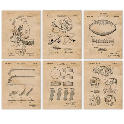 Classic Football Hockey Sports Patent Prints 6 (8x10) for Home Work Office Gym - Image 1 of 4