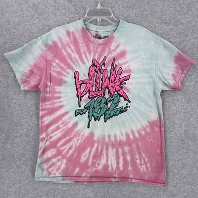 Blink 182 Shirt Mens Large Pink Teal Tie Dye Spiral Short Sleeve Punk Band - Image 1 of 4