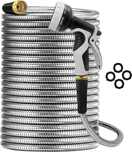 25ft 304 Stainless Steel Garden Water Hoses with Nozzles for Outdoor - Picture 1 of 7