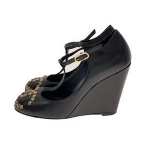 Chanel Size 37 Women's T-Strap Wedge Sole Leather Pumps in Black - Picture 1 of 5