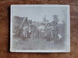 Wooden Steam Engine Thresher "1st Self Feeder" & Crew c1880's Cabinet Photograph - Picture 1 of 2