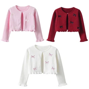 Baby Girl Knit Cardigan Cropped One Button Coat Round Collar Bowknot Embellishe - Picture 1 of 33