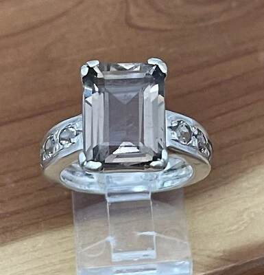 Anillo de cóctel de cuarzo ahumado corte esmeralda estable de diseñador AIL ALUMA 925 talla 7,75 Foto 1 de 4