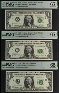 Lot of 3 gem 3 digit 1974 $1 FRN PMG 67EPQ birthday low serial number 00000190 - Picture 1 of 9