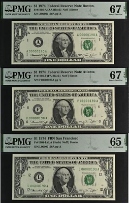 Lot of 3 gem 3 digit 1974 $1 FRN PMG 67EPQ birthday low serial number 00000190 - Image 1 of 4
