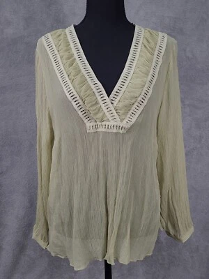 Lane Bryant 100% Silk Sheer Tunic Sz 18/20 Green Crochet Long Sleeve Fairycore - Image 1 of 4