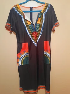 black multi print stretch, lined dress deep pockets Sz Large - Picture 1 of 5