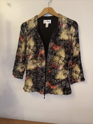 Joseph Ribkoff Jacket 2 Way Zip sz 12 Sequins Crinkled Satin  Embellished - Image 1 of 4