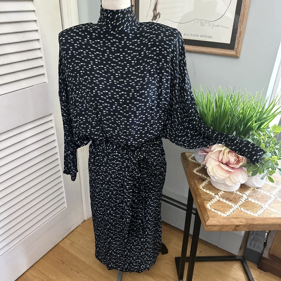 Винтажный 80-х NICOLE MILLER 2 женское платье синий подпоясанный Midi доломан рукав - Изображение 1 из 4