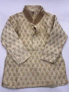 Kids Ethnic Embroidered Gold Kurta with beaded collar - Kurta Only - Picture 1 of 9