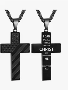 American Flag Cross Pendant Necklace for Men US Flag Textured Pendant Faith 18” - Picture 1 of 5