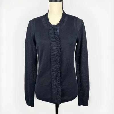 Elie Tahari Navy Linen Knit Cardigan Sweater Ruffle Romantic Preppy Capsule Sz M - Image 1 of 4