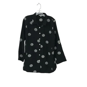 John Mark Button Down Tunic Blouse Black White Polka Dot Roll Sleeve Womens Sz M - Picture 1 of 4