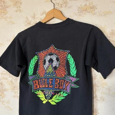 Camiseta vintage Bugle Boy neón multicolor negra fútbol arte deportivo XS/S Foto 1 de 4