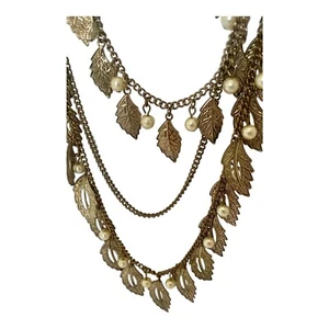 Collana Vintage Regolabile 3 Fili Tono Oro Scuro Foglie Finte Perle Design - Foto 1 di 7
