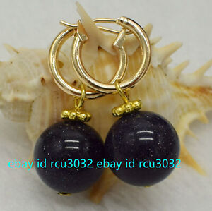 8/10/12/14mm Natural Blue Sandstone Round Beads Dangle Leverback Earrings