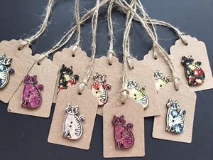 10 Cute Kraft Mixed Wooden Button Novelty Unique Cute Cats Tags With Jute Ties - Picture 1 of 1