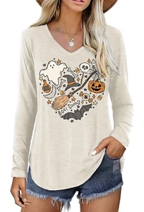 Women’s Halloween Long Sleeve T-Shirt Loose Top V-Neck With Ghost Pumpkin Turkey - Picture 1 of 1