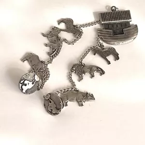 Noahs Ark Charm Brooch Silver Tone Vintage Chain With Animals And Globes On End - Picture 1 of 4