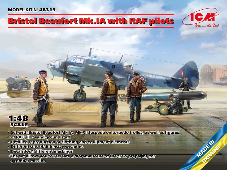 Bristol Beaufort Mk.IA With RAF Pilots 1:48 Plastic Model Kit ICM - Immagine 1 di 1